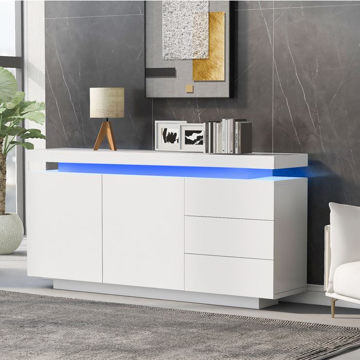 Buffet de cuisine - 2 portes - 3 tiroirs - finition laquée brillante - éclairage LED - 140 x 35 x 72 5 cm - Blanc