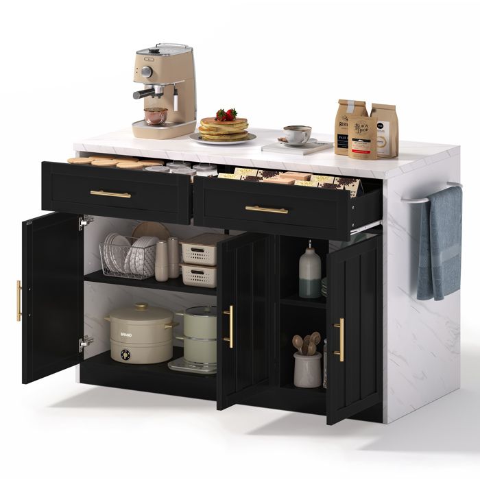Îlot central de cuisine noir 120 x 60 x 91 cm avec 2 tiroirs 3 portes prises USB et plan de travail effet marbre