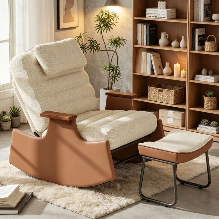 Fauteuil à bascule avec tabouretfauteuil relaxrepose-piedsdossier réglable 3 positionsvelours côtelépour salon chambrebeige
