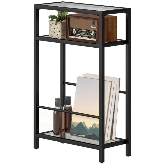 Table dappoint moderne - 3 niveaux de rangement - Plateau en verre trempé - Cadre en acier - Dimensions 40x18x62 cm