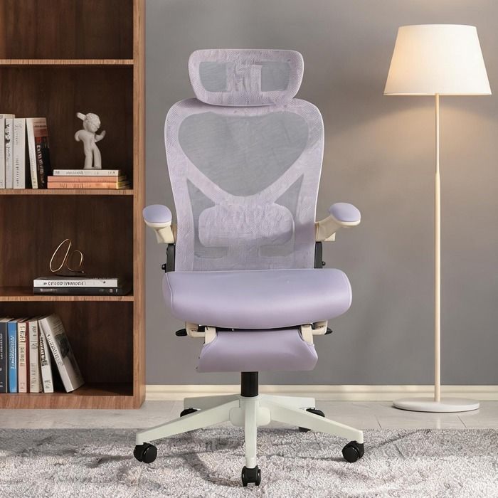 Fauteuil de bureau ergonomique pliant en mousse violette avec soutien lombaire et accoudoirs rabattables gain de place