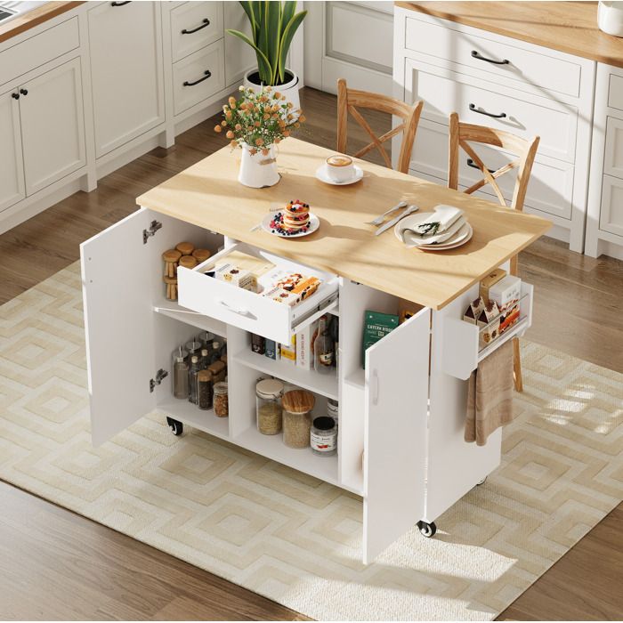 Îlot central de cuisine desserte sur roulettes avec plan de travail rabattable rangement MDF blanc naturel ORVRYN