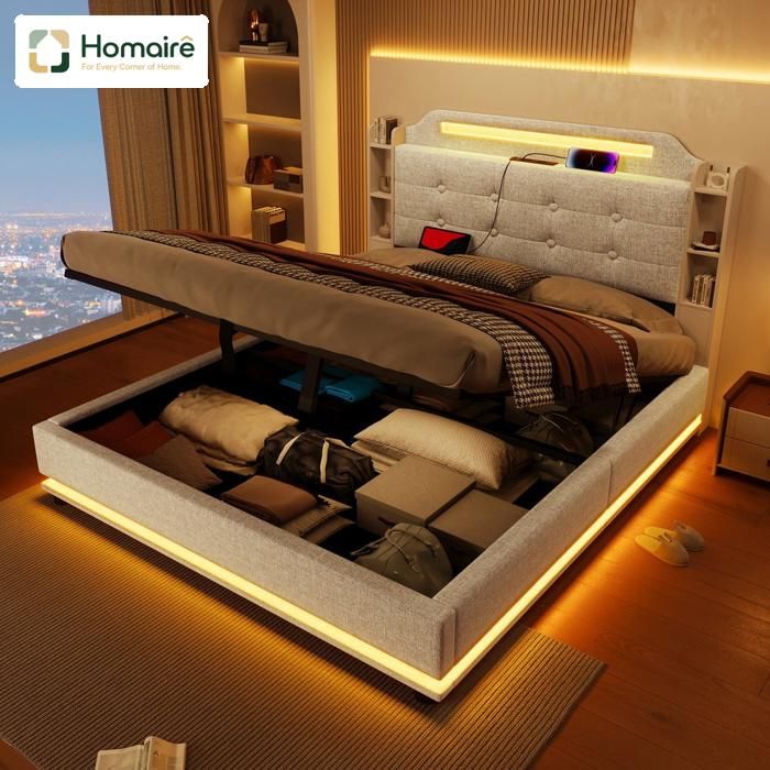 Lit de rangement avec éclairage LED chargeur USB tapisserie en lin style rétro meuble de chambre HOMAIRE