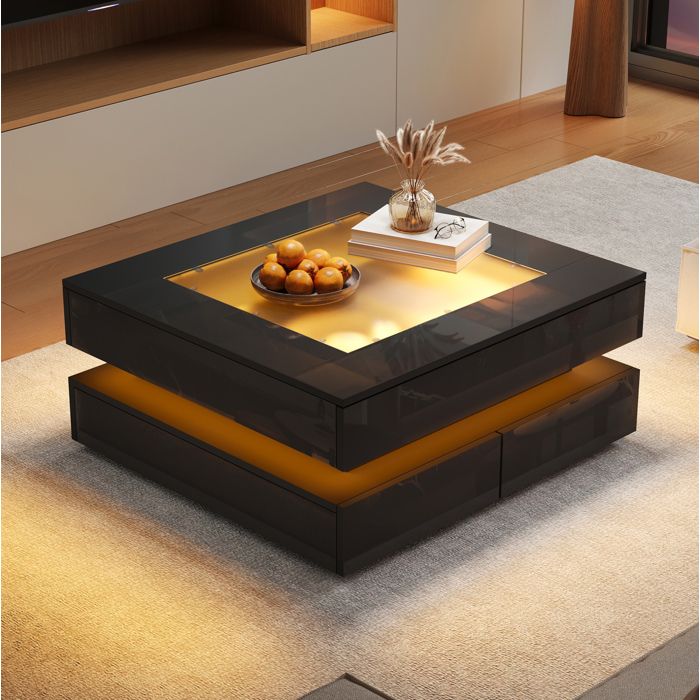 WOVREO Table basse carrée 70 x 70 x 35 cm LED 3 tiroirs verre de sécurité noir brillant