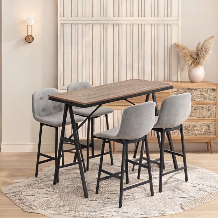 Set table haute 5 pièces en polyester finition brown métal 4 tabourets - Light Brown Polyester 304.8 x 152.4 x 231.1 cm
