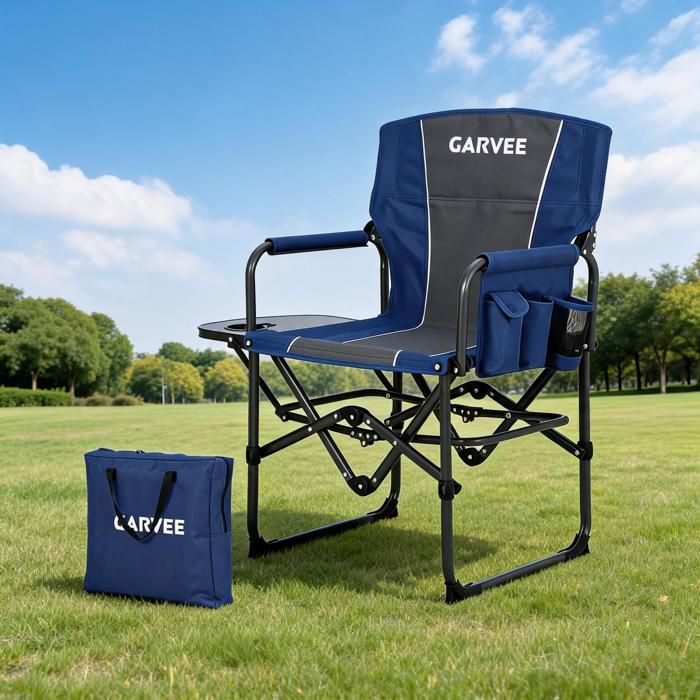 KOIOPLIE Chaise de camping pliante 180 kg type réalisateur fauteuil outdoor grand confort avec tablette latérale Bleu