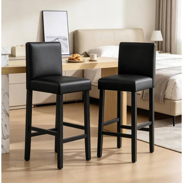 Lot de 2 tabourets de bar avec dossier haut 41 x 375 x 110 cm en simili cuir bois mousse noir assise 75 cm Lot de 2 tabourets de bar avec dossier haut 41 x 375 x 110 cm en simili cuir bois mousse noir assise 75 cm