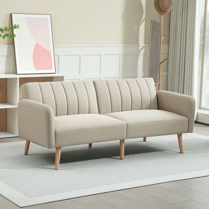 Canapé convertible 2 places - CRESTA - Design scandinave - Dossier 3 positions - Tissu lin beige - Pieds bois Canapé convertible 2 places - CRESTA - Design scandinave - Dossier 3 positions - Tissu lin beige - Pieds bois