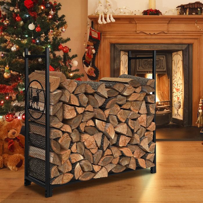 Design Cerf Range-Bûches Métal 122cm Support Bois de Chauffage avec Maille Aérée pour Intérieur et Jardin