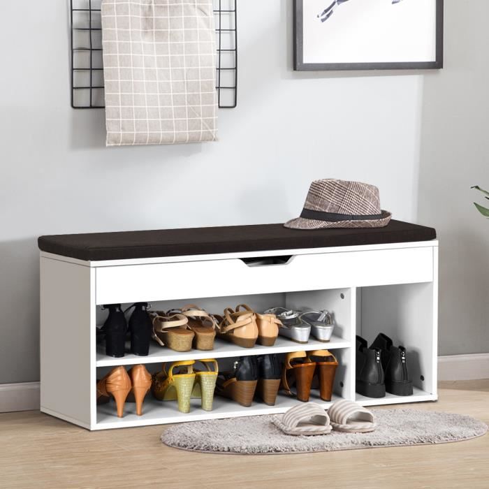 Meuble A Chaussures Banc De Rangement Meuble De Banc D Entree Avec Coussin Rembourre En Bois Avec Siege 104x30x48 Cm Blanc Achat Vente Meuble A Chaussures Banc De Rangement Soldes