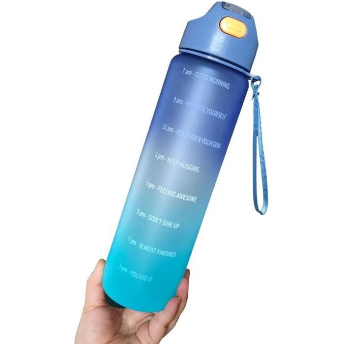BLUEGO Grande bouteille d'eau en verre de 1,8 l avec paille marqueur de temps - Grande bouteille d'eau de motivation avec manchon en silicone de 2 l - Grande carafe d'eau en