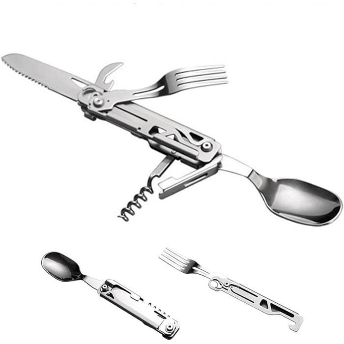 Couverts De Camping 7 En 1 Multifonction – Acier Inoxydable Pliant + Sac De Rangement (Lot De 2)