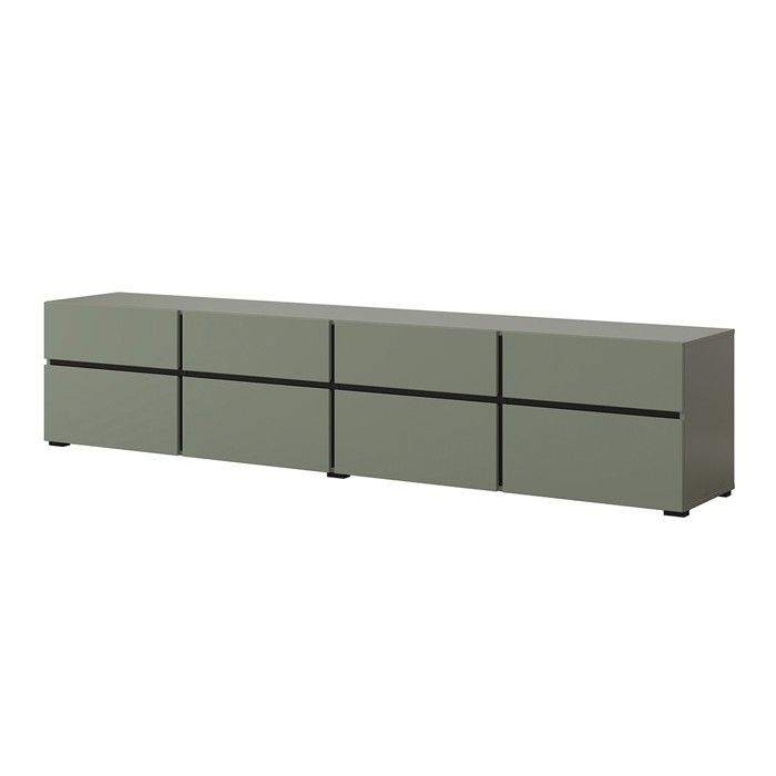 Meuble TV XL coloris vert sauge et noir 225cm collection HAVANA. Meuble design avec 4 portes et 4 tiroirs. Meuble TV XL coloris vert sauge et noir 225cm collection HAVANA. Meuble design avec 4 portes et 4 tiroirs.