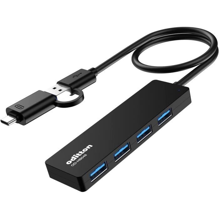 Câble Répartiteur USB 1 Mâle Vers 3 Femelles - Avec Adaptateur USB-C - Longueur 26cm - Transfert Données Et Charge (5V/1A Par Port)