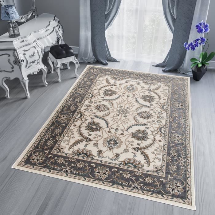 TAPISO Dubai Tapis Salon Chambre Traditionnel Floral Bordé Crème Gris ...
