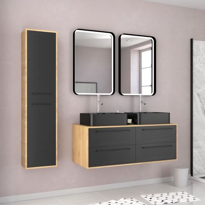 Meuble de salle de bain caisson finition chêne naturel + 2 vasques noir mat + 2 miroirs LED + colonne - UBY 120cm