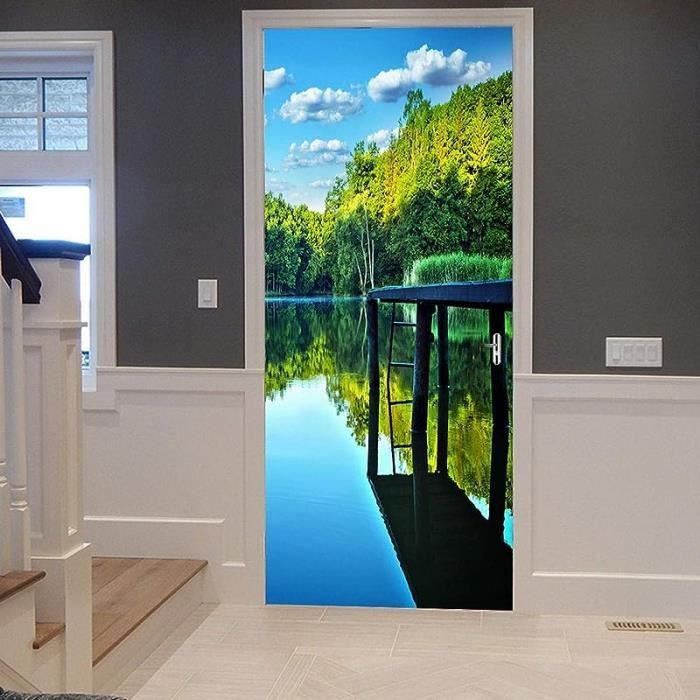 Sticker Porte 3D Effet Néon - Motif Musique Micro Notes - Dimensions 77x200 Cm - PVC Amovible - Pour Mur Et Porte