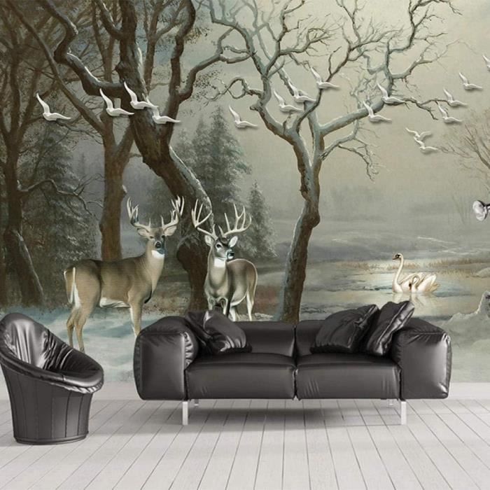 Tapisserie Murale Cerf Et élan 150x200 Cm - Motif Abstrait Brume Du Matin, Décoration Chambre, Salon