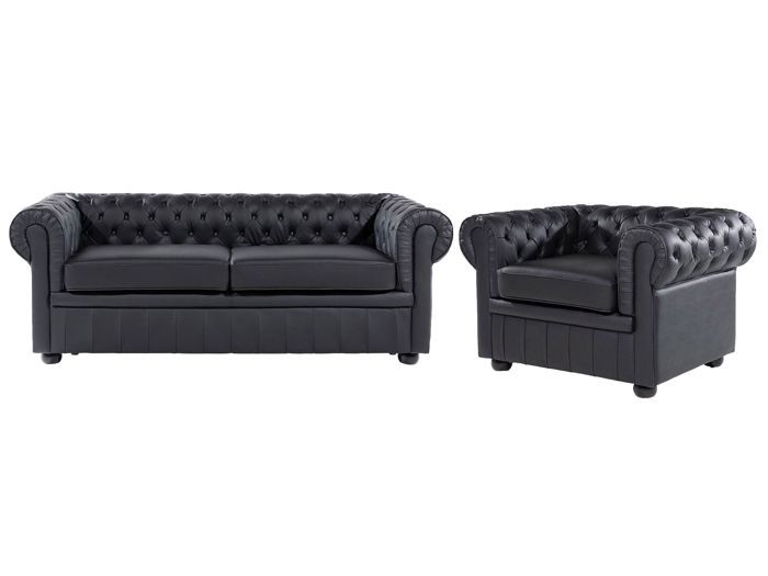 Ensemble canapé et fauteuil en cuir noir 4 places CHESTERFIELD