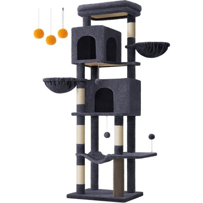 Meilleurs prix pour Grand Arbre à Chat, Hauteur 175 cm, avec 2 Niches, 2 Paniers, 5 Griffoirs, Toilettage Autonome, Perchoir, Hamac, Gris Foncé