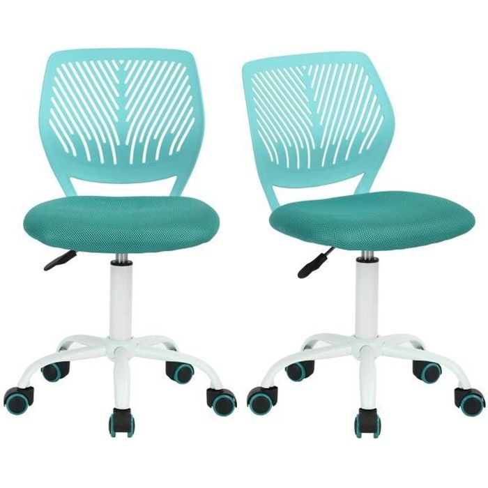 furniturer lot de 2 chaise de bureau adolescents hauteur réglable avec siège en tissu ergonomique, turquoise