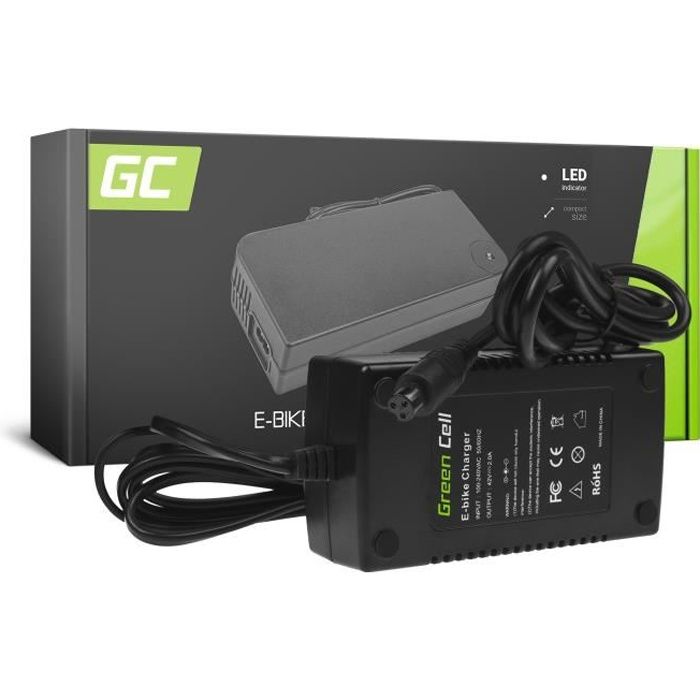Green Cell ® Chargeur pour Vélo Electrique, Bouchon: 3 Pin, 42V, 2A