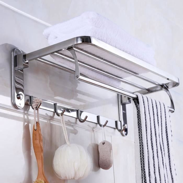 Porte-Serviettes De Salle De Bain En Acier Inoxydable 4 Barres Pivotantes Avec 2 Crochets - Argent
