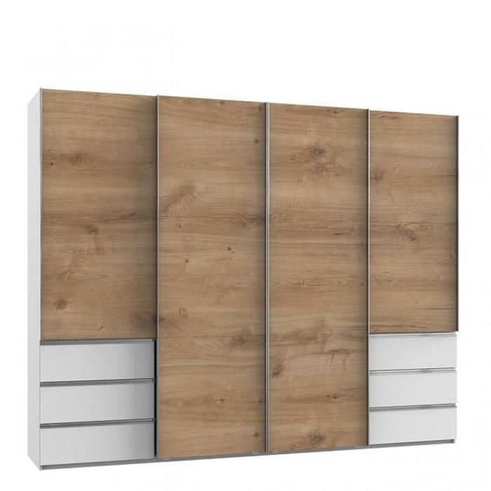 Armoire coulissante LISBETH 4 portes chêne 6 tiroirs blanc 300 x 236 cm