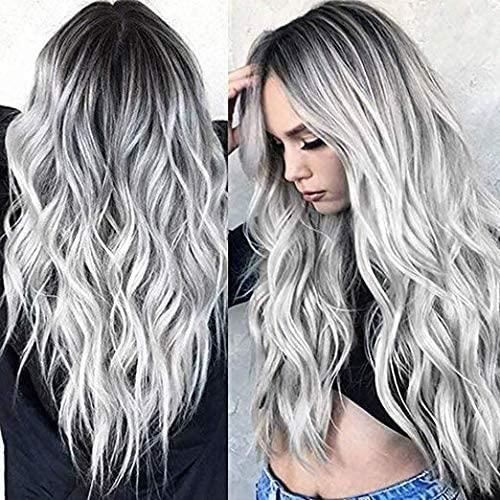 Perruque gris argenté dégradé pour femmes et filles avec racines noires perruque ondulée bouclée quotidienne en fibre synthétique
