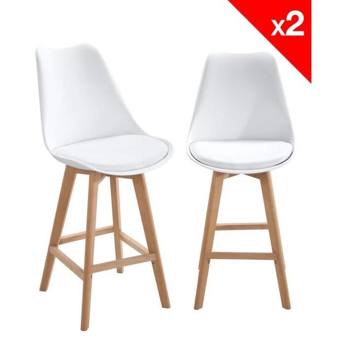 kayelles lot de 2 chaises de bar scandinaves avec coussin tika (blanc)