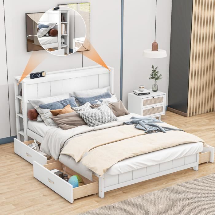 misnode lit plateforme 140x200cm, lit en bois massif avec rangements en tête et quatre tiroirs sous le lit, blanc