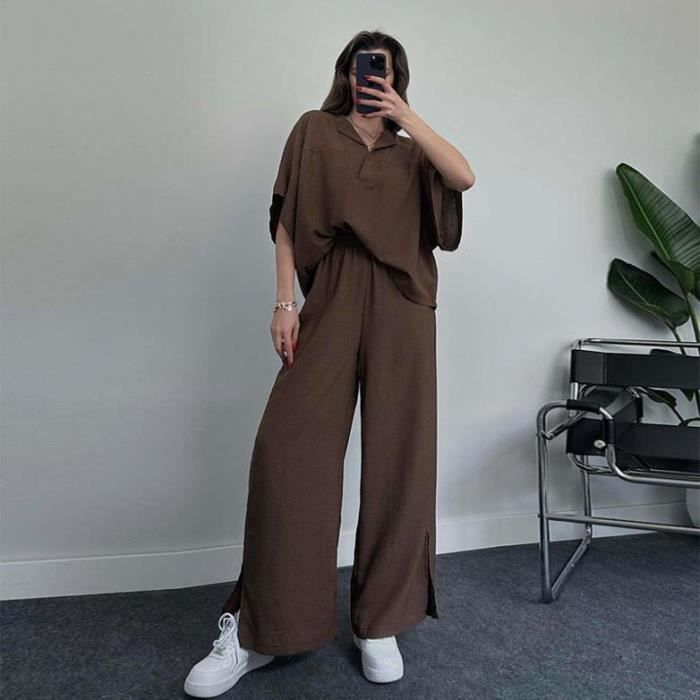 Ensemble de Vetements Femme Col rabattu jambes larges confortables amples respirantes et elegantes. Marron xumengxin Marron Cdiscount Pret a Porter