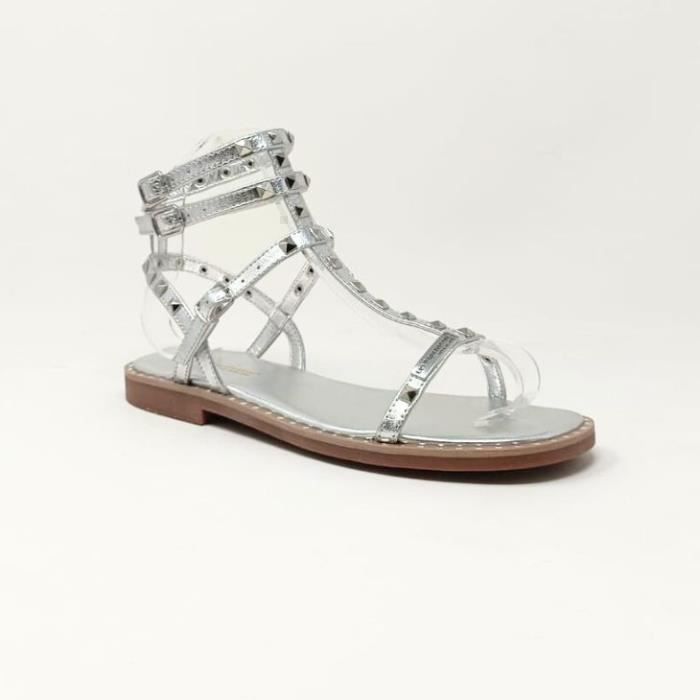 Sandale LES TROPEZIENNES Coralie Argent en Cuir pour Femme Boucle de serrage Clous sur semelle et brides Argent Cdiscount Chaussures