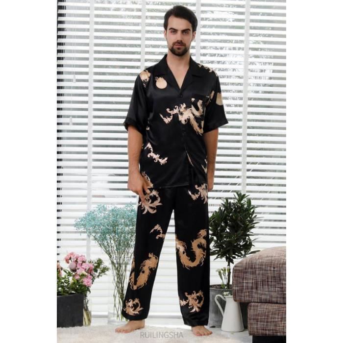 Pyjamas pour femmes Ensemble pyjama en Satin de soie pour Couple pyjama a manches longues costume femme et homme chemise de nuit Short sleeve black Cdiscount Pret a Porter