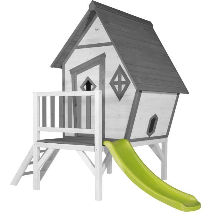 Cabin XL Maison Enfant avec Toboggan vert clair | Aire de Jeux pour l'extérieur en gris & blanc | Maisonnette