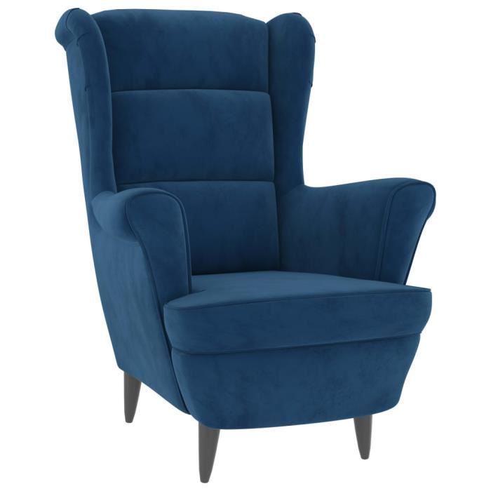 fauteuil à oreilles avec tabouret bleu velours - salutuya - bd7501