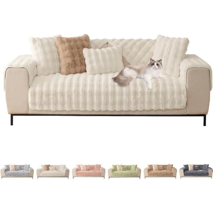 Housse De Canapé Extensible Tissu Pelucheux - Tailles 1 à 5 Places - Lavable, Anti-Rayures - Inclut 1 Taie D'Oreiller