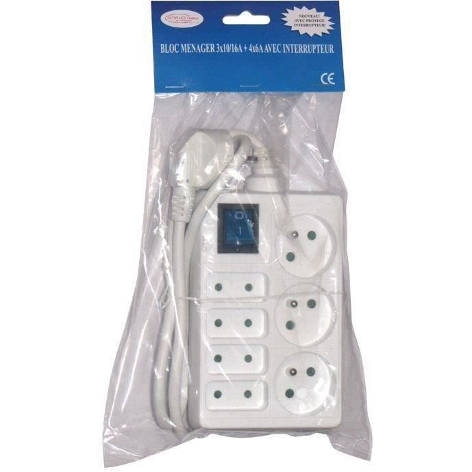 Bloc multiprise panaché avec interrupteur - 3 prises de 16 A + 4 prises de 6 A