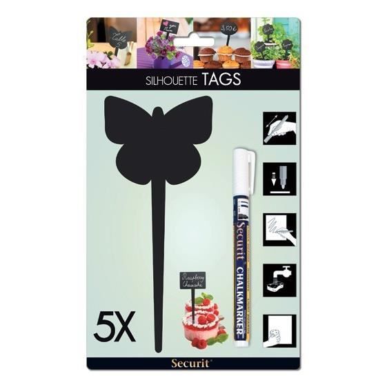 TAG Ardoise silhouette Papillon 5 unités + 1 feutre craie liquide