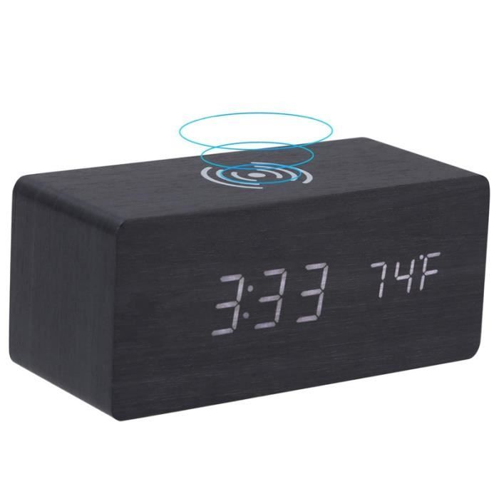 Réveil Numérique En Bois Avec Charge Sans Fil 15W – LED Et Température – Horloge De Chevet