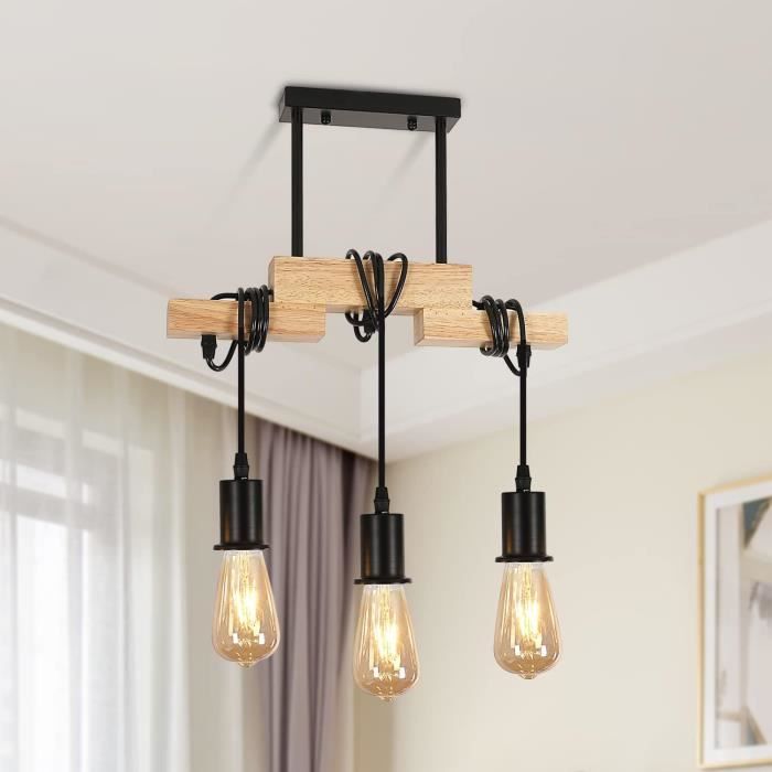 Suspension Luminaire EGLO Blackcrown - Lustre Vintage 3 Lampes En Bois Clair Et Acier, Pour Salle à Manger Ou Salon (70 Cm, Douille E27) - 10