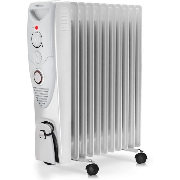 Radiateur Bain D'huile 2500W Warmtech - 11 éléments, 3 Niveaux De Chauffe, Thermostat, Roulettes