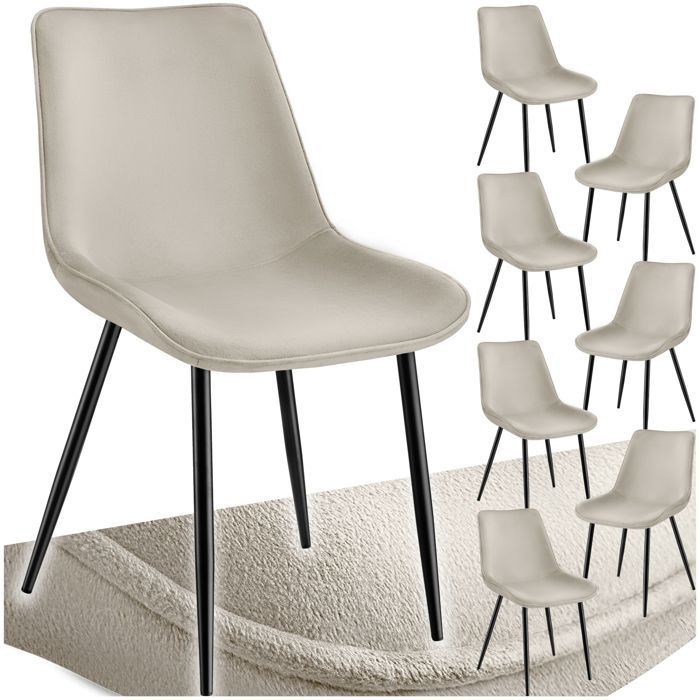 Chaise - TECTAKE - Lot de 8 fauteuils MONROE aspect velours et ergonomique pieds en acier noir 48 x 59 x 825 cm - Crème