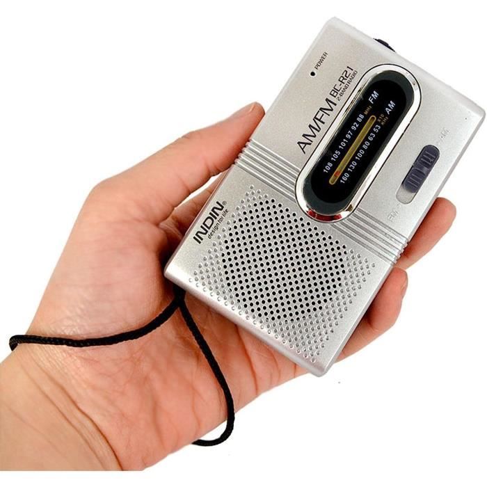 Radio Portable AM/FM - Petite Radio De Poche Avec Cordon - Fonctionne Sur 2 Piles AA - Haut-parleur Intégré - Argenté - 10