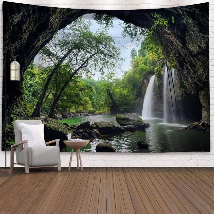 Tapisserie Murale Paysage Montagne 300x256 Cm - Décoration Salon Bleu Vert Blanc - En Polyester Facile D'entretien