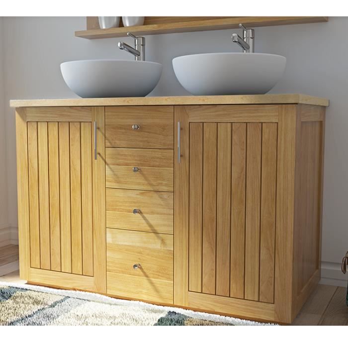 Meuble Salle De Bain En Teck Massif Et Marbre Creme 120 Cm