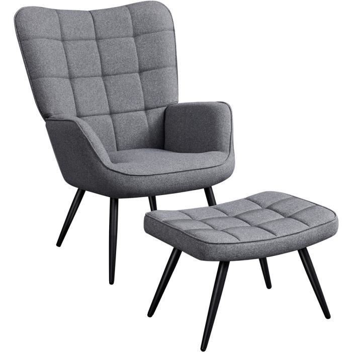 yaheetech fauteuil salon chaise avec repose-pied moderne fauteuil relax avec pouf en tissu effet lin pieds métal fauteuil à oreilles
