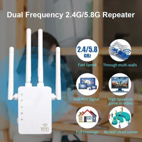 Amplificateur WiFi 1200 Mbps Double Bande 2,4/5 GHz – Répéteur Avec 4 Antennes, 2 Ports LAN, Pour Maison/bureau