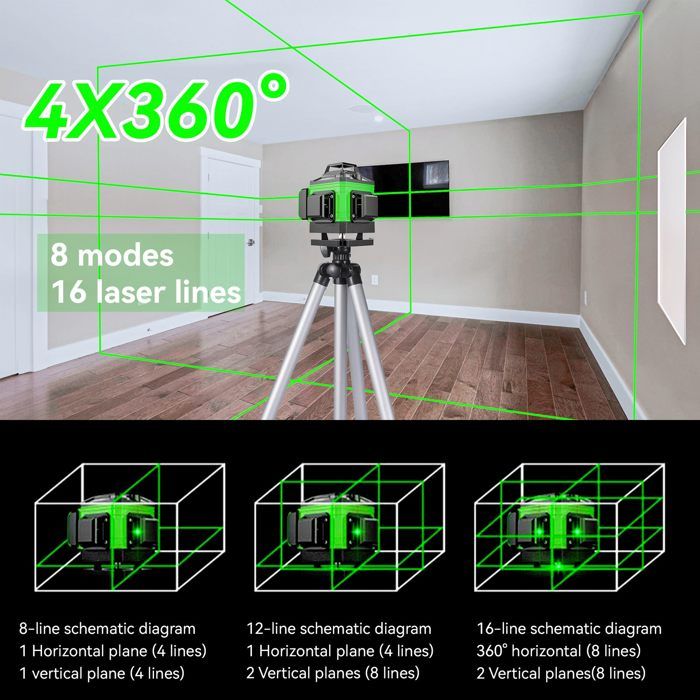 Niveau Laser Auto-nivellement 16 Lignes 4 x 360°, Outil Laser Pour