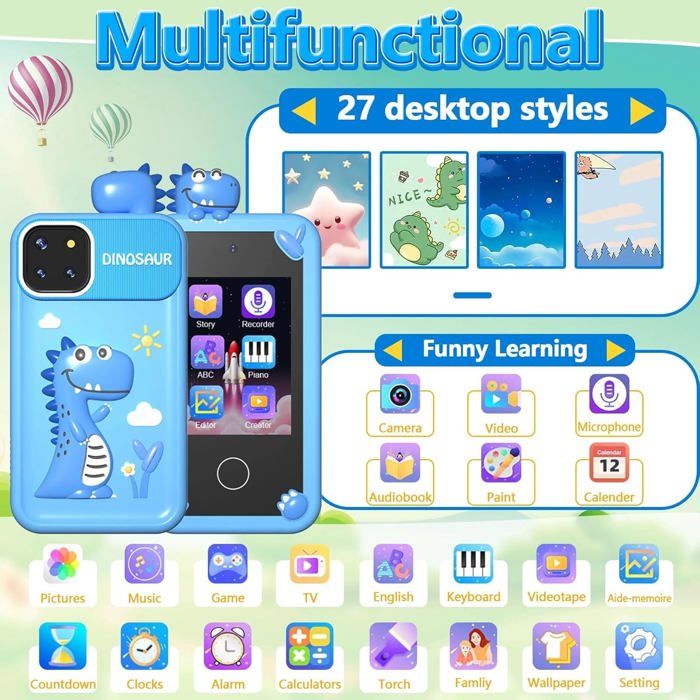HPZIHUIT Enfants téléphone Intelligent écran Tactile HD Double caméra 8 Jeux Goutte sécurité Enfants téléphone Portable Mignon Motif Animal Cadeau